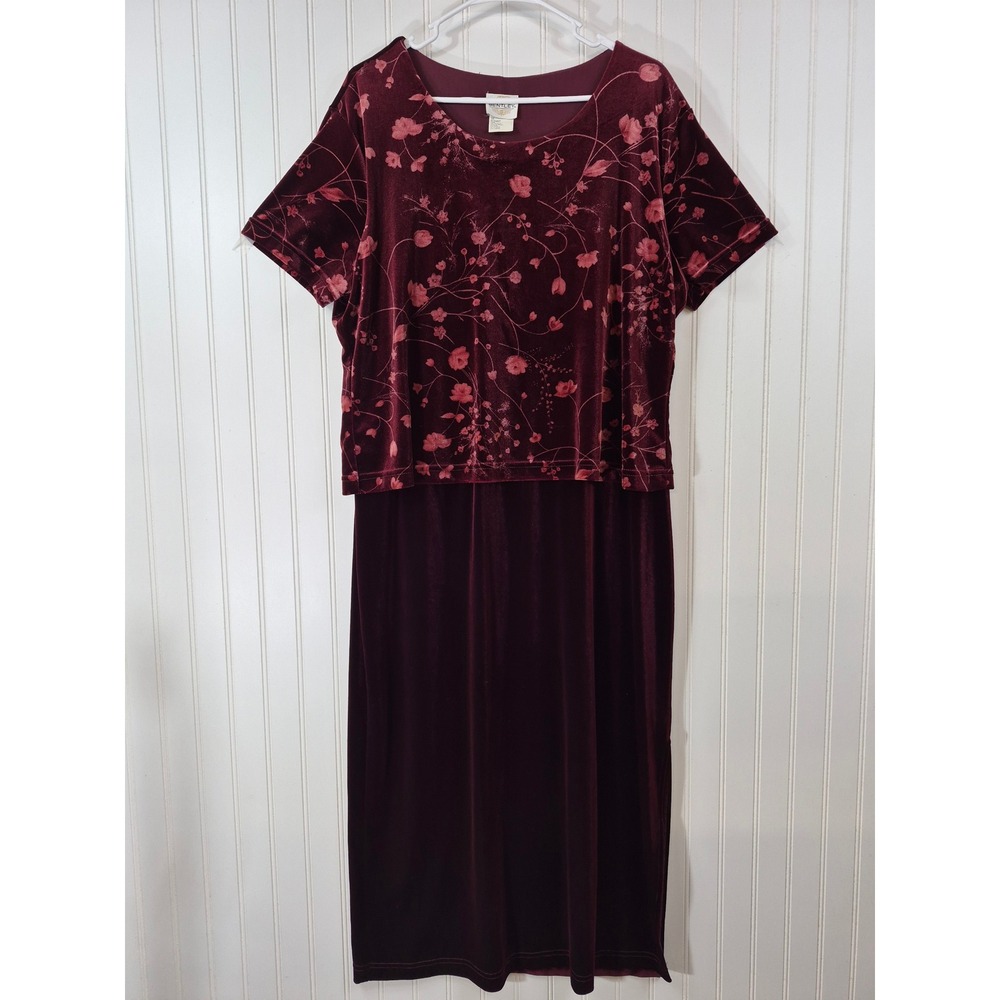 Vintage TR Bentley Burgundy Velvet Floral Maxi Dress Short Sleeve Size 16